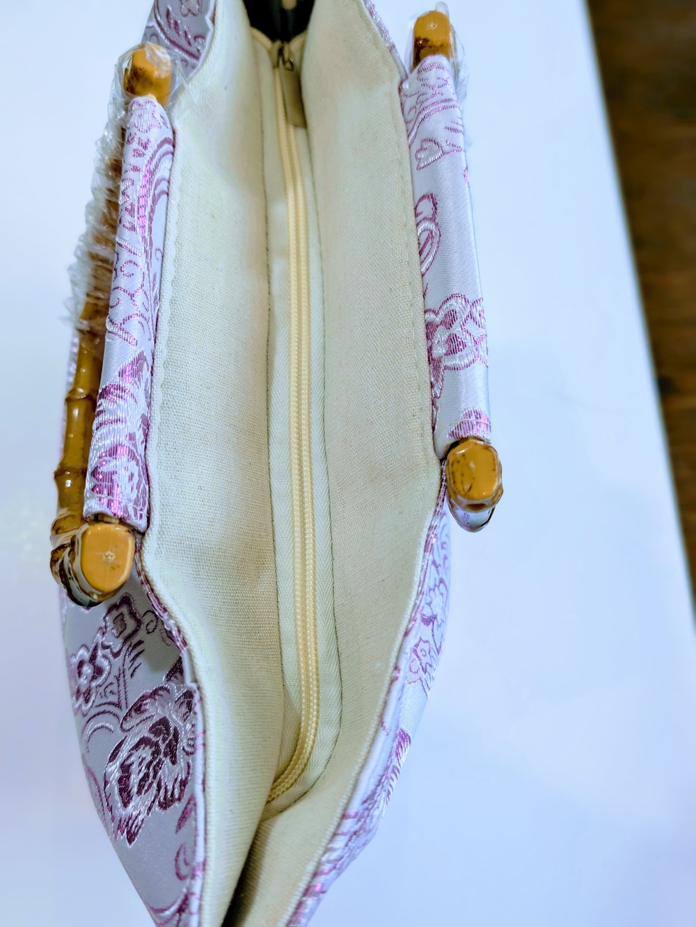 Luxury Floral Embroidered Tote Bag Genuine Bamboo Handle Brocade Boho Chic NWT - Picture 5 of 12